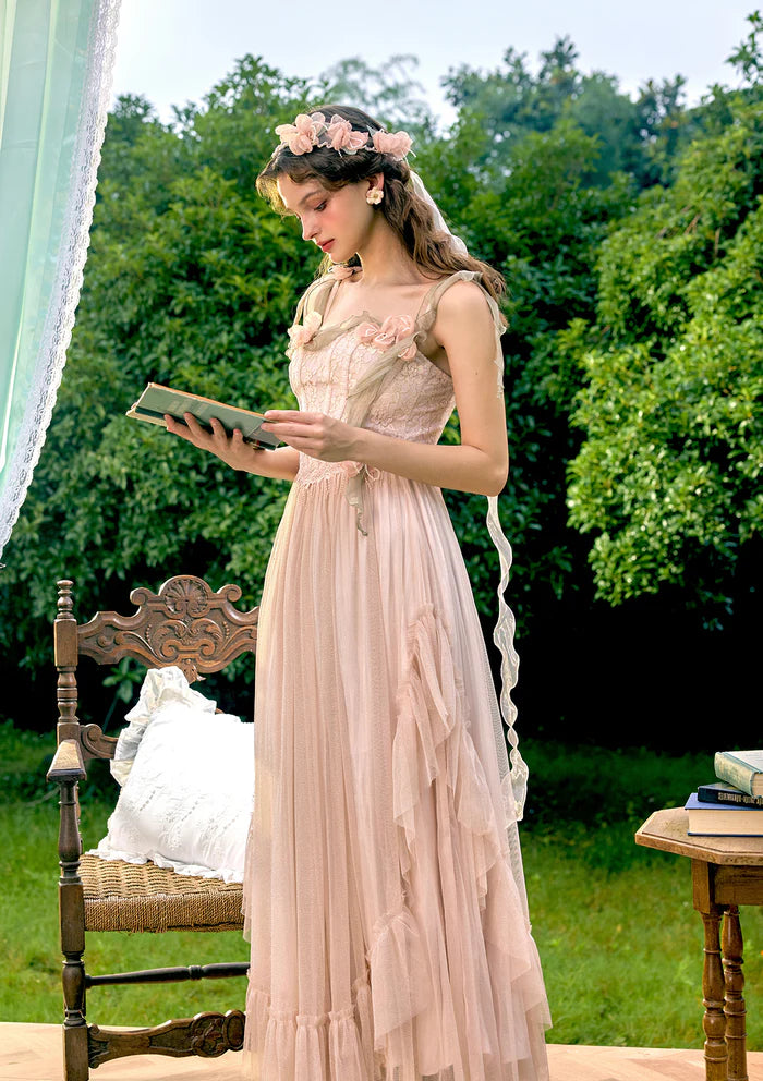 Blush Tulle Maxi Dresses with Lace Corset Bodice 3D Floral Accents Flowing Ribbon Straps and Ruffled Hem