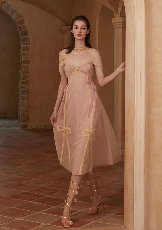 Blush Tulle Midi Dresses with Off Shoulder Tulle Straps Gold Embroidery Criss Cross Lace Up Back and 3D Floral Accents