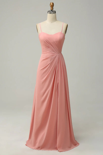 A LineSpaghetti Straps Ruched Chiffon Bridesmaid Dress