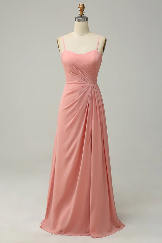 A LineSpaghetti Straps Ruched Chiffon Bridesmaid Dress