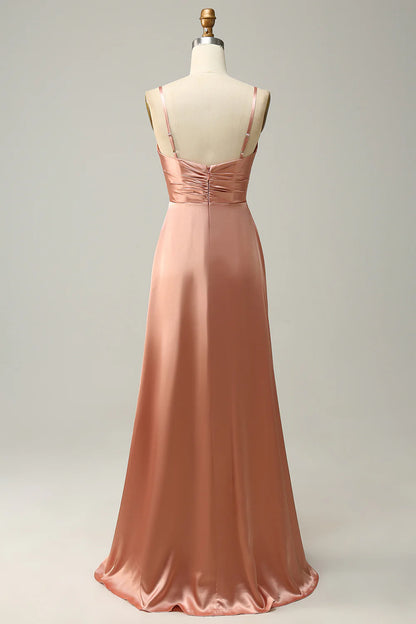 A Line Spaghetti Straps Pleated Long Satin Bridesmaid Dress