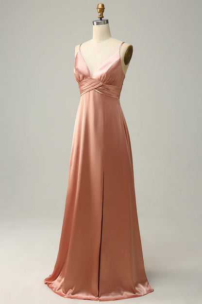 A Line Spaghetti Straps Pleated Long Satin Bridesmaid Dress