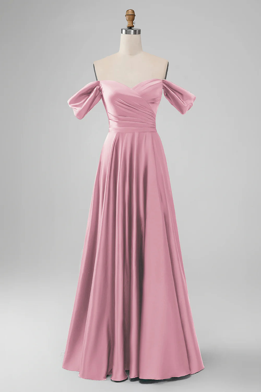 A-Line Off The Shoulder Pleated Satin Long Bridesmaid Dress