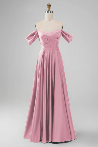A-Line Off The Shoulder Pleated Satin Long Bridesmaid Dress