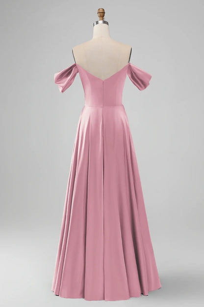 A-Line Off The Shoulder Pleated Satin Long Bridesmaid Dress