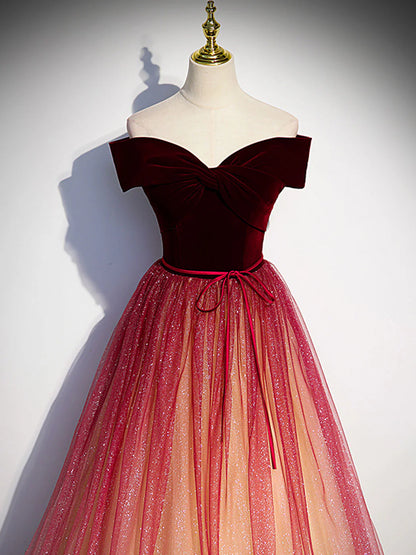 Burgundy A line tulle sequin long prom dress burgundy long dress