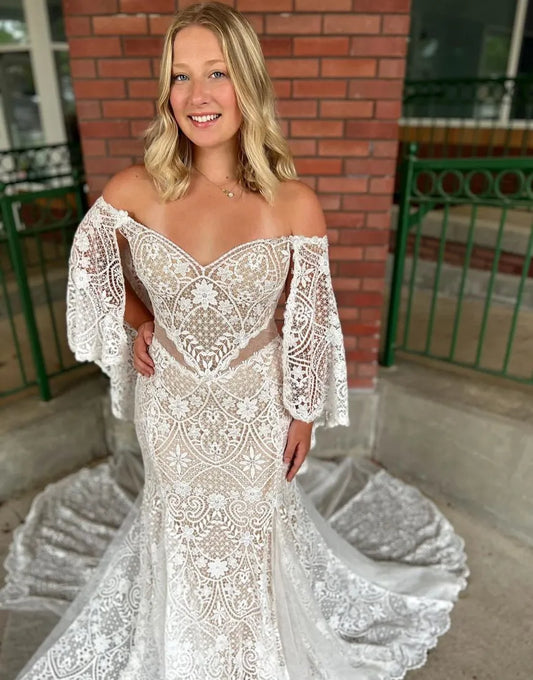Bohemian Sweet Mermaid Off Shoulder Sleeves Lace Beach Wedding Dress