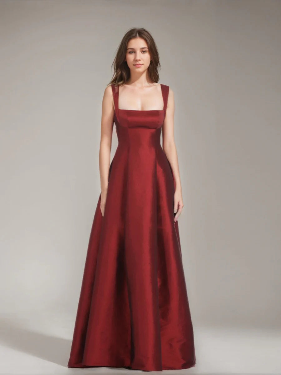 Bold Burgundy Square Neck Wide Strap Open Back Bow Detail A-Line Floor-Length Prom Dresses