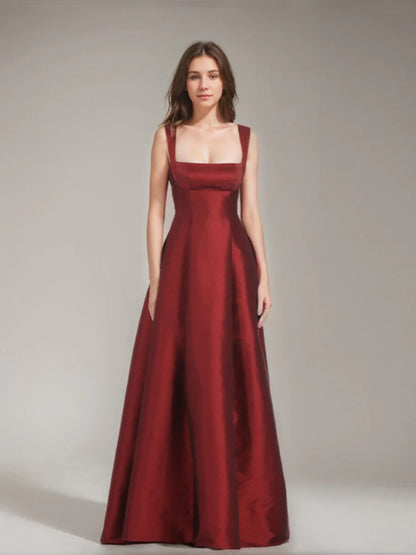 Bold Burgundy Square Neck Wide Strap Open Back Bow Detail A-Line Floor-Length Prom Dresses