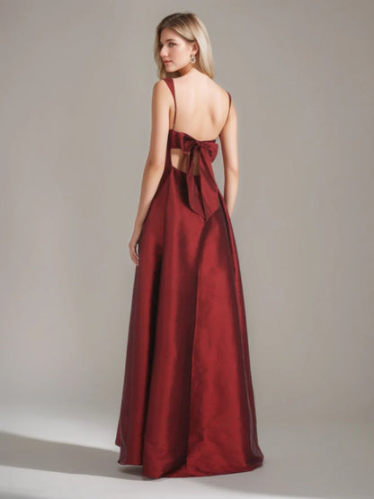 Bold Burgundy Square Neck Wide Strap Open Back Bow Detail A-Line Floor-Length Prom Dresses