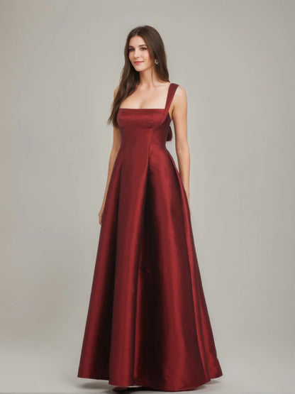 Bold Burgundy Square Neck Wide Strap Open Back Bow Detail A-Line Floor-Length Prom Dresses