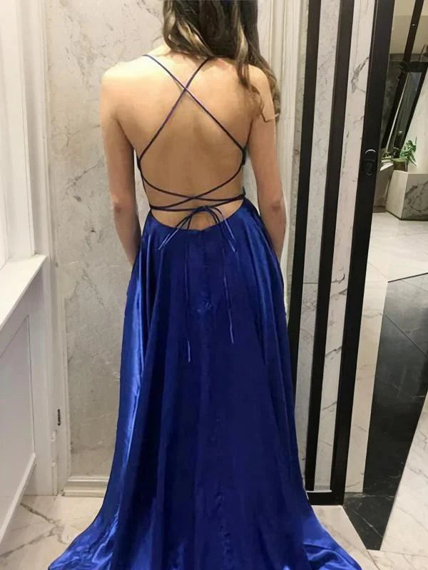 Bold Royal Blue Satin Prom Dress with Square Neck, High Slit & Cross-Back Lace-Up Closure