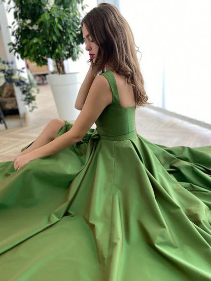 Bold Sweetheart Neck Satin Ball Gown Evening Dress with High Side Slit & Chapel Train