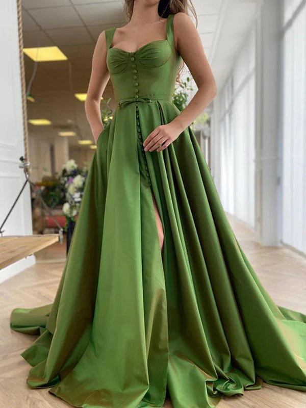 Bold Sweetheart Neck Satin Ball Gown Evening Dress with High Side Slit & Chapel Train