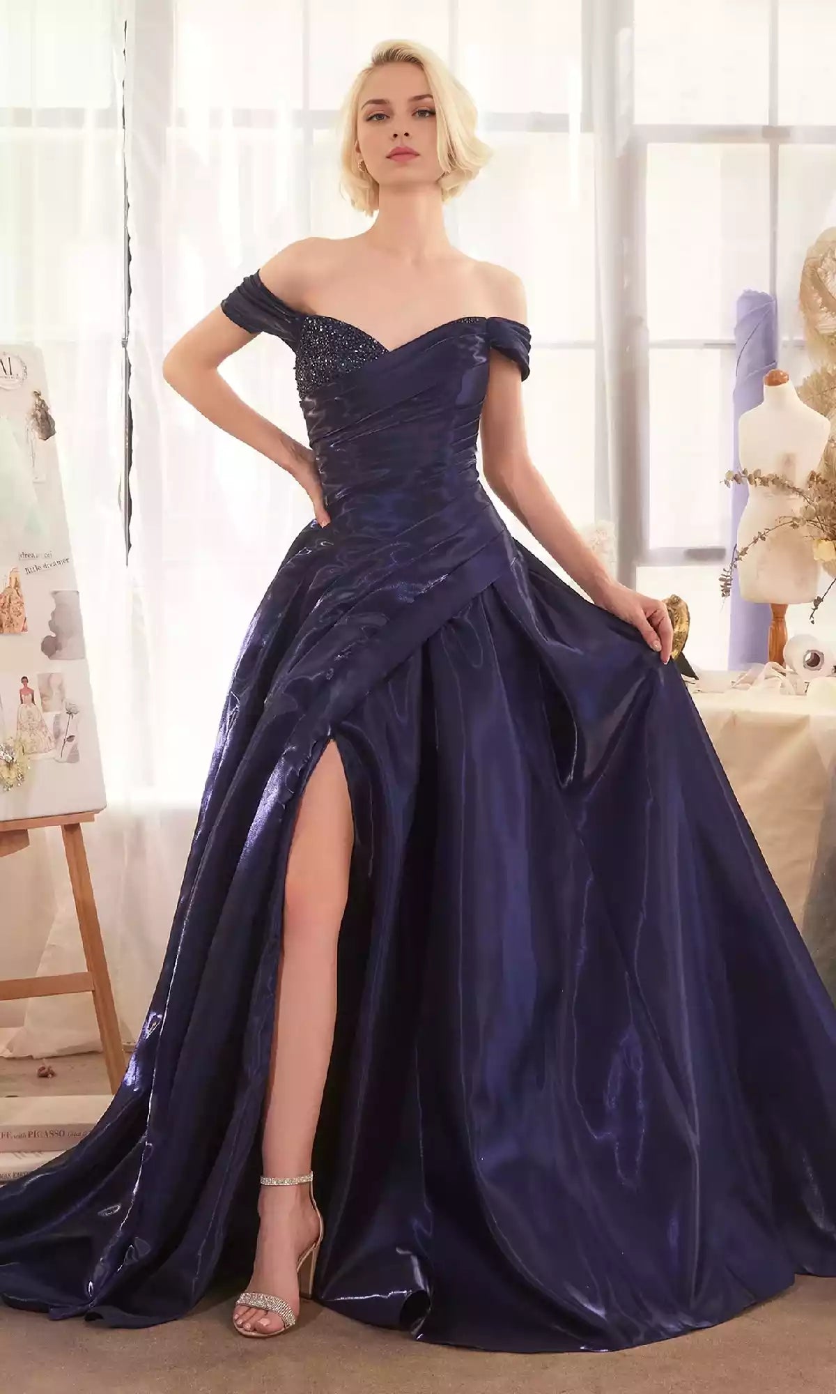 Bold and avant-garde off shoulder long A-line organza heart-shaped neckline with wide shoulder straps, full of drape Prom Dresses