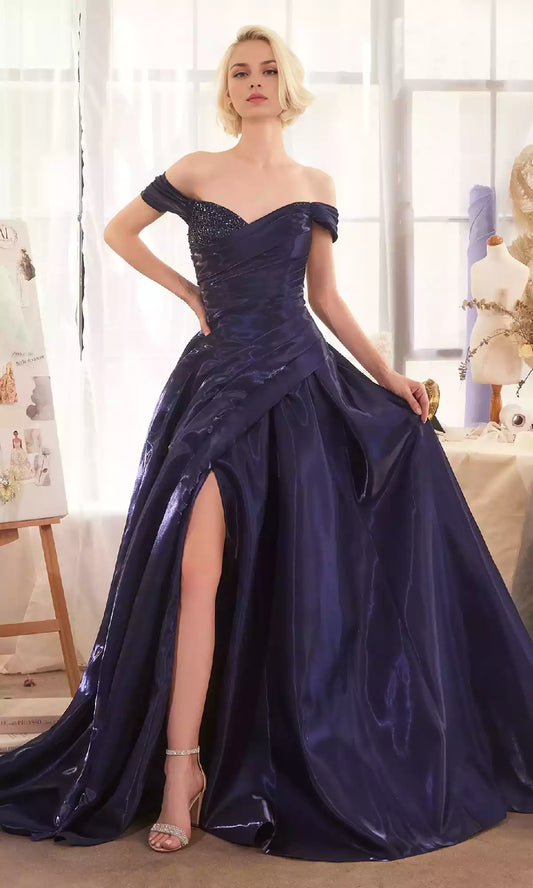 Bold and avant-garde off shoulder long A-line organza heart-shaped neckline with wide shoulder straps, full of drape Prom Dresses