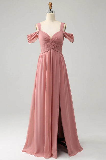 A Line Spaghetti Straps Pleated Chiffon Long Bridesmaid Dress with Slit