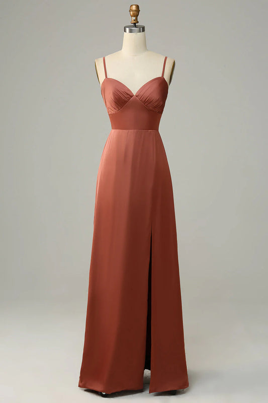 Sheath Spaghetti Straps Satin Bridesmaid Dress With Slit