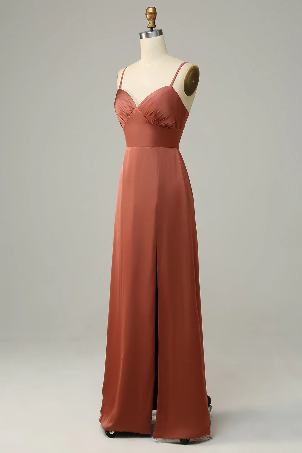 Sheath Spaghetti Straps Satin Bridesmaid Dress With Slit