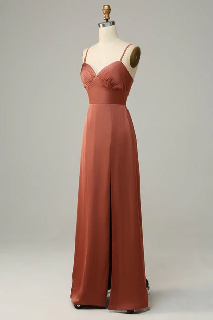 Sheath Spaghetti Straps Satin Bridesmaid Dress With Slit