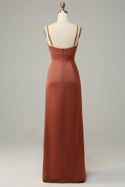 Sheath Spaghetti Straps Satin Bridesmaid Dress With Slit