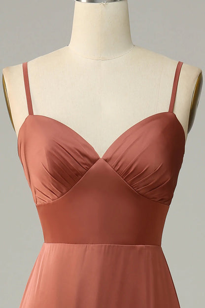 Sheath Spaghetti Straps Satin Bridesmaid Dress With Slit