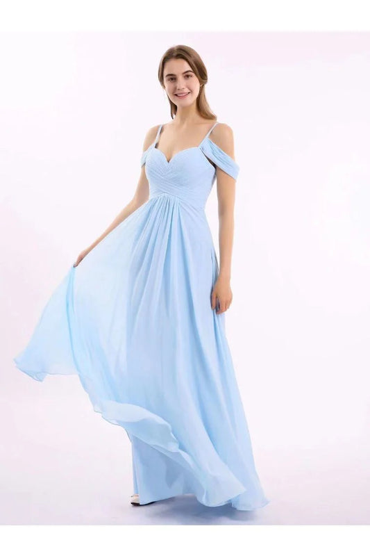 Bridesmaid dress with off shoulder A-line chiffon and floor length skirt with ruffle edge