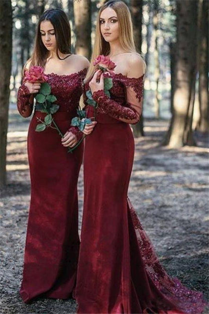 Wine red long sleeved off shoulder mermaid dress long bridesmaid dress