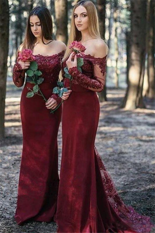 Wine red long sleeved off shoulder mermaid dress long bridesmaid dress