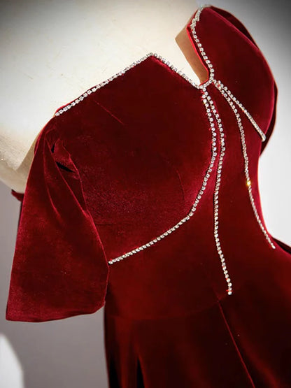A-Line Velvet Burgundy Long Evening Dress Burgundy Long Formal Dress