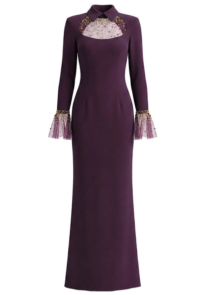 Burgundy Maxi Evening Dresses with Off-the-Shoulder Puff Sleeves Velvet Mesh Insert Pearl Detail and High Slit