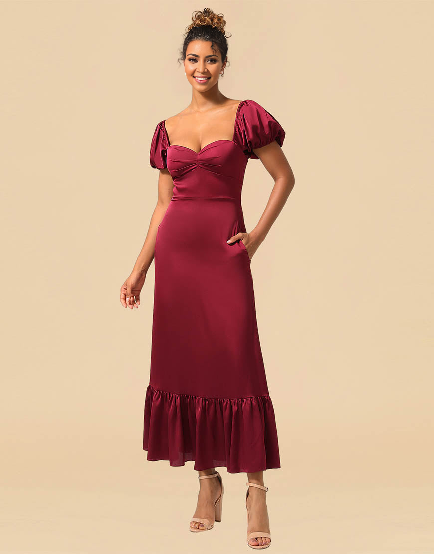 Tea Length Puff Sleeves Satin Bridesmaid Dresses With Split