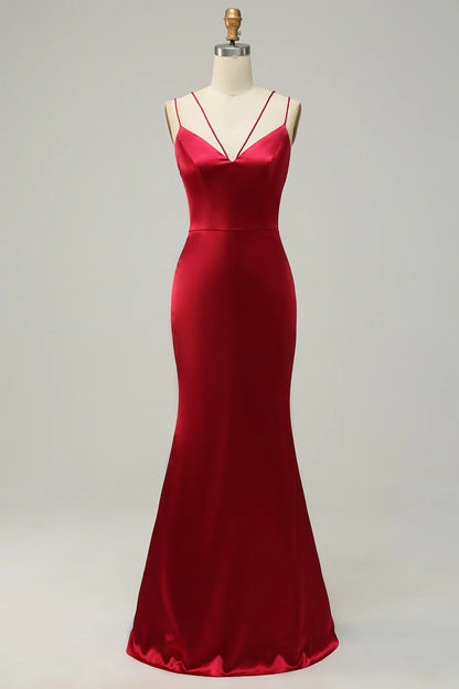 Mermaid Spaghetti Straps Satin Bridesmaid Dress with Open Back