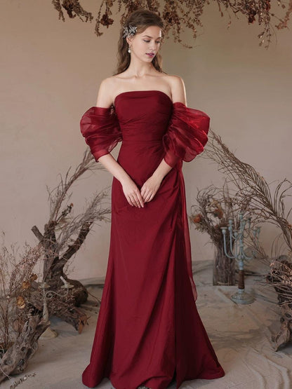 Simple Off Shoulder Satin Burgundy Long Prom Dress Burgundy Prom Dress