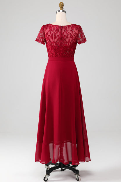 Burgundy Asymmetrical Sequin Mother of Bride Dress with Appliques