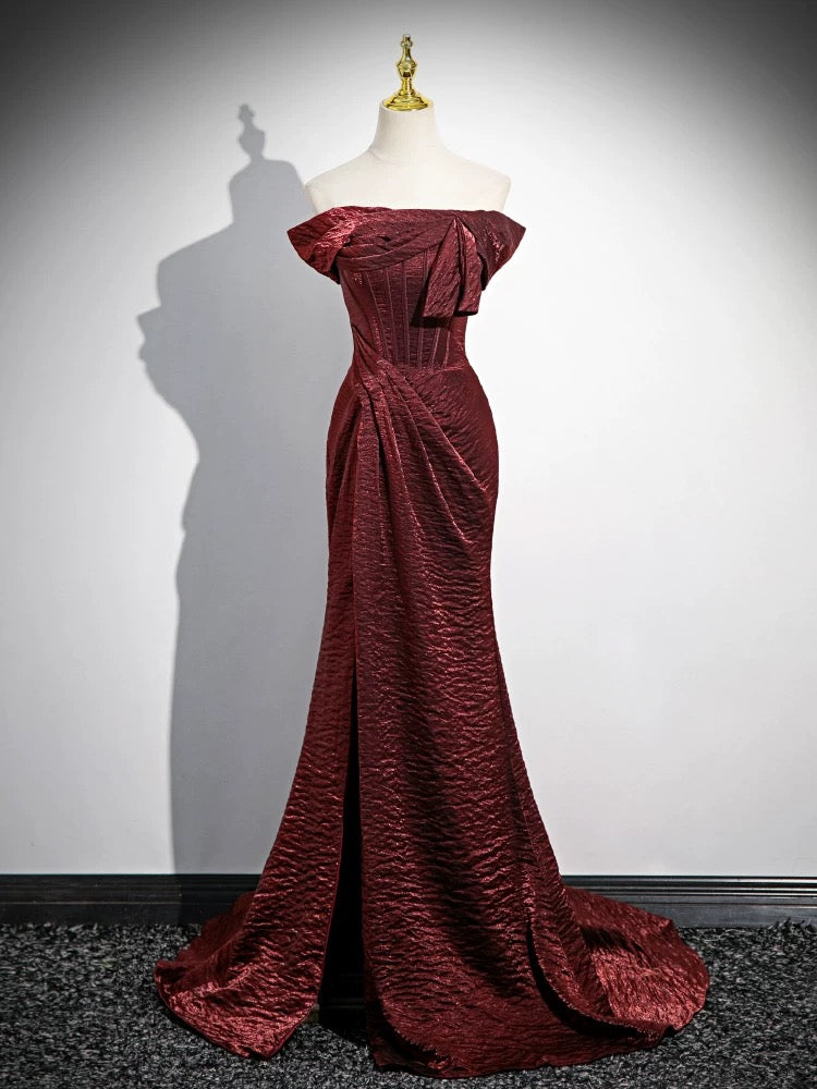 Mermaid Off Shoulder Satin Burgundy Long Prom Dress Burgundy Long Prom Dress