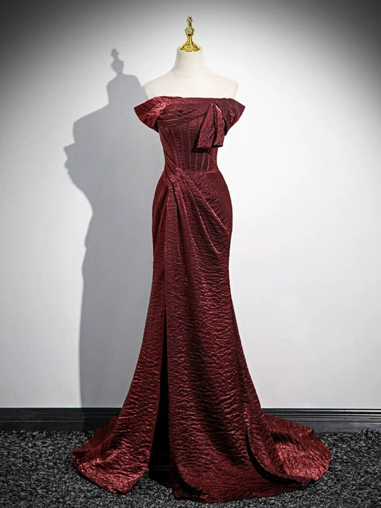 Mermaid Off Shoulder Satin Burgundy Long Prom Dress Burgundy Long Prom Dress