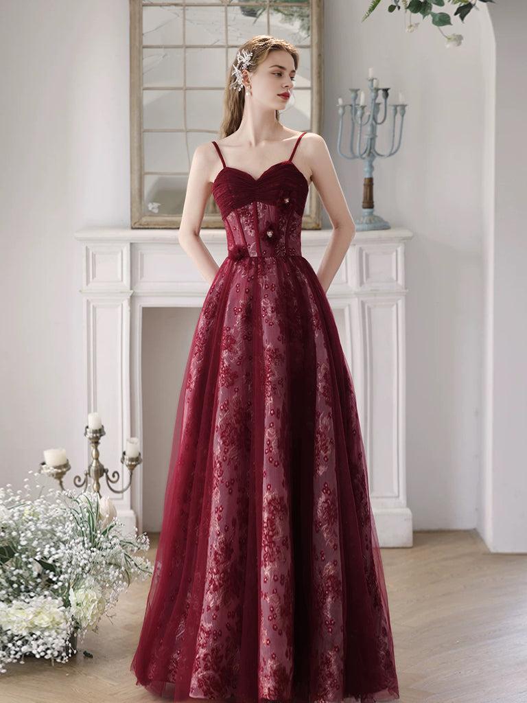 A-Line Sweetheart Neck Tulle Lace Burgundy Long Prom Dress Burgundy Long Prom Dress