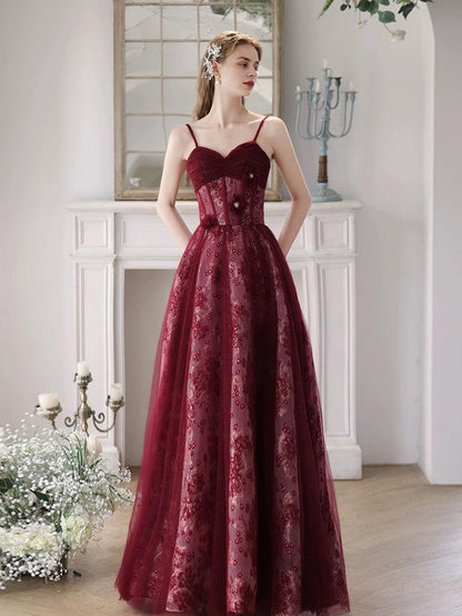 A-Line Sweetheart Neck Tulle Lace Burgundy Long Prom Dress Burgundy Long Prom Dress