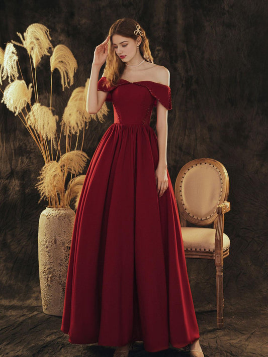 A-Line Off Shoulder Satin Burgundy Long Prom Dress Burgundy Formal Prom Dress