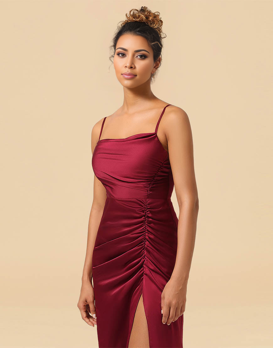 Sheath Spaghetti Straps Long Satin Bridesmaid Dress