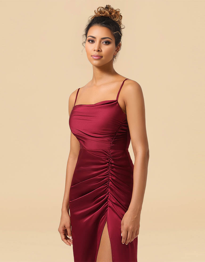 Sheath Spaghetti Straps Long Satin Bridesmaid Dress