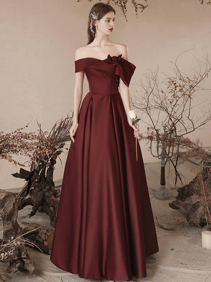 A-Line Off Shoulder Satin Burgundy Long Prom Dress Burgundy Long Formal Dress