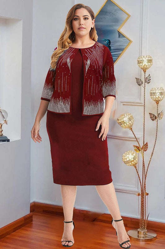 Sheath Elegant Fake Two-Piece Chiffon Plus Size Midi Dress