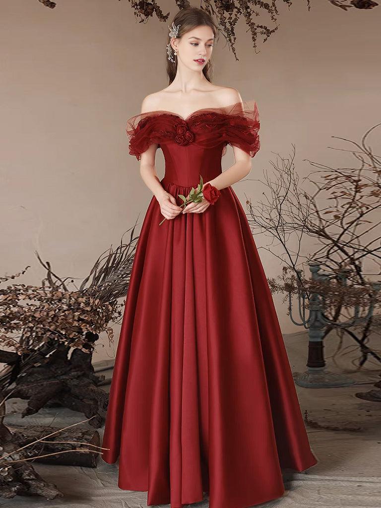 A-Line Off Shoulder Satin Burgundy Long Prom Dress Burgundy Long Formal Dress