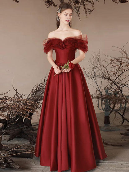 A-Line Off Shoulder Satin Burgundy Long Prom Dress Burgundy Long Formal Dress