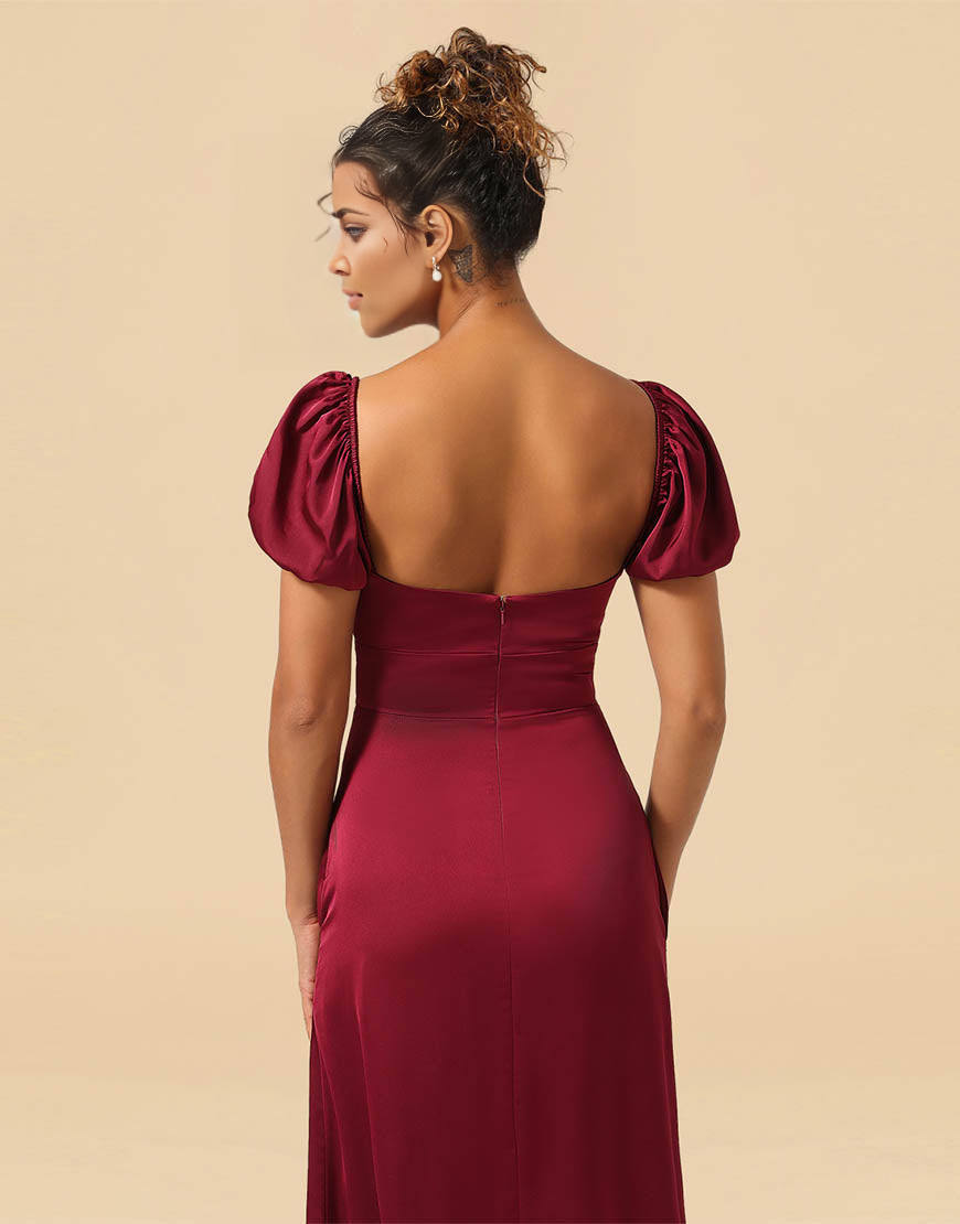 Tea Length Puff Sleeves Satin Bridesmaid Dresses With Split