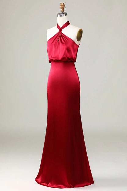 Halter Sleeveless Burgundy Bridesmaid Dress