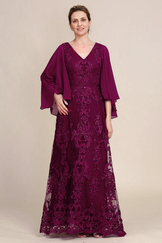 V Neck Beaded Batwing Sleeves Mother of the Bride Dress