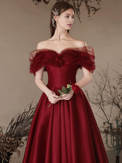 A-Line Off Shoulder Satin Burgundy Long Prom Dress Burgundy Long Formal Dress